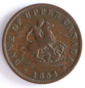 Canadian Token, copper penny, BANK OF UPPER CANADA 1854, with central depiction of St. George and