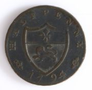 British Token, copper halfpenny, 1794, Lancaster, HALFPENNY 1794,  with Lancaster crest, the reverse