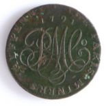 British Token, copper halfpenny, 1791, THE PARIS MINERS HALFPENNY 1791, with central monogram