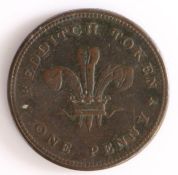 British Token, copper penny, 1813, Redditch, REDDITCH TOKEN ONE PENNY, with central fleur de lis,