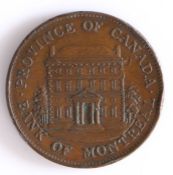 Canadian Token, copper halfpenny, 1844, PROVINCE OF CANADA BANK OF MONTREAL, with central
