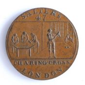 British Token, copper halfpenny, London, SALTERS 47 CHARING CROSS LONDON with depiction of figures