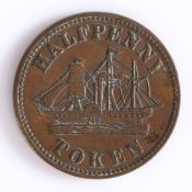 British Token, copper halfpenny, HALFPENNY TOKEN above a sailing vessel, reverse FISHERIES AND