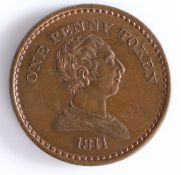 British Token, copper penny, 1811, Bristol, ONE PENNY TOKEN 1811, with profile bust of George III,