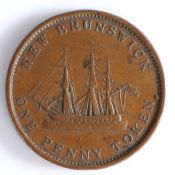Canadian Token, copper penny, NEW BRUNSWICK ONE PENNY TOKEN, with central depiction of a ship, the