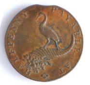 British Token, copper halfpenny, Midlands, HALFPENNY PAYABLE AT with depiction of a stork on a