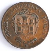 British Token, copper halfpenny, 1794, SUSSEX HALFPENNY TOKEN with the county arms, the reverse