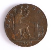 British Token, copper halfpenny, 1792, Midlands, with seated Vulcan forging lightning, the reverse