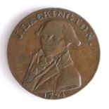 British Token, halfpenny, 1794, London, J. LACKINGTON 1794, with bust, the reverse HALFPENNY OF J.