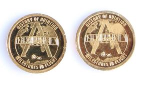 Two History of Aviation Milestones in Flight 14 carat gold coins, depicting Concorde and a
