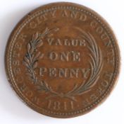 British Token, copper penny, 1811, Worcester, WORCESTER CITY AND COUNTY TOKEN 1811 VALUE ONE