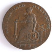 British Token, copper halfpenny, 1791, Macclesfield, MACCLESFIELD HALFPENNY 1791, with central