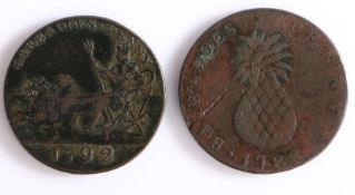 West Indies, two Barbados George III copper Penny, 1788 and 1792, bust above SERVE, reverse