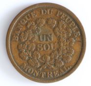Canadian Token, copper cent, BANK DU PEUPLE MONTREAL UN SOU, the reverse AGRICULTURE & COMMERCE