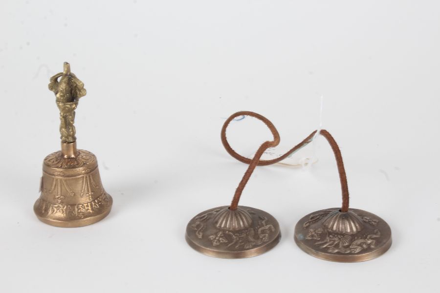 Pair of small Tibetan musical symbols, together with a small Tibetan hand bell (2) - Image 2 of 2