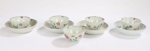 Chinese export porcelain tea bowls and saucers, Qing dynasty, all with pink and purple polychrome