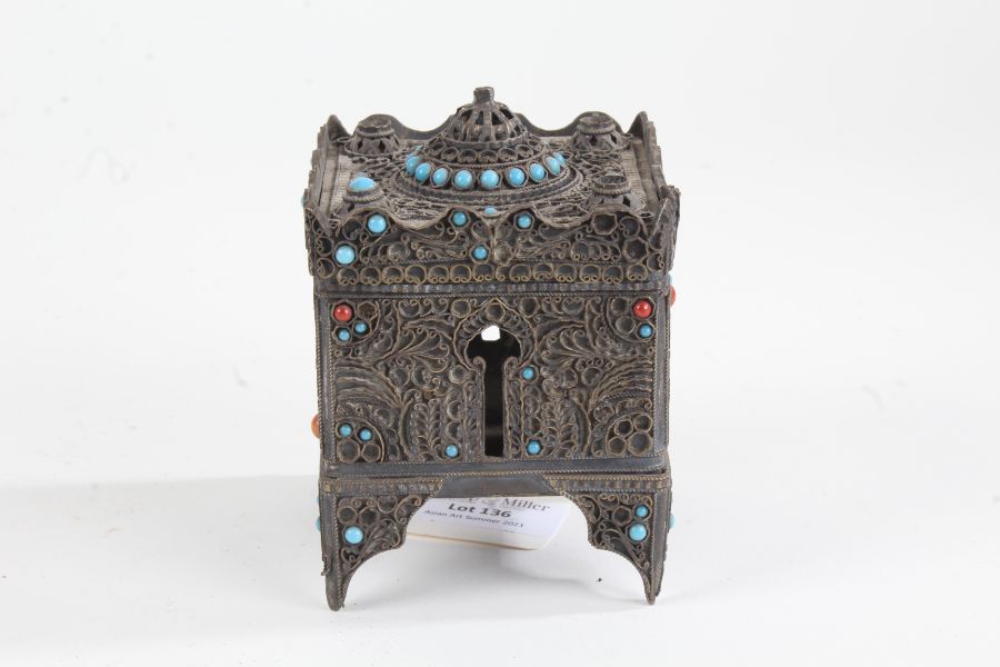 Eastern white metal box, of architectural form, mounted with turquoise and coral coloured stones,
