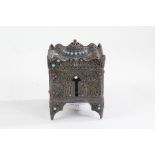 Eastern white metal box, of architectural form, mounted with turquoise and coral coloured stones,