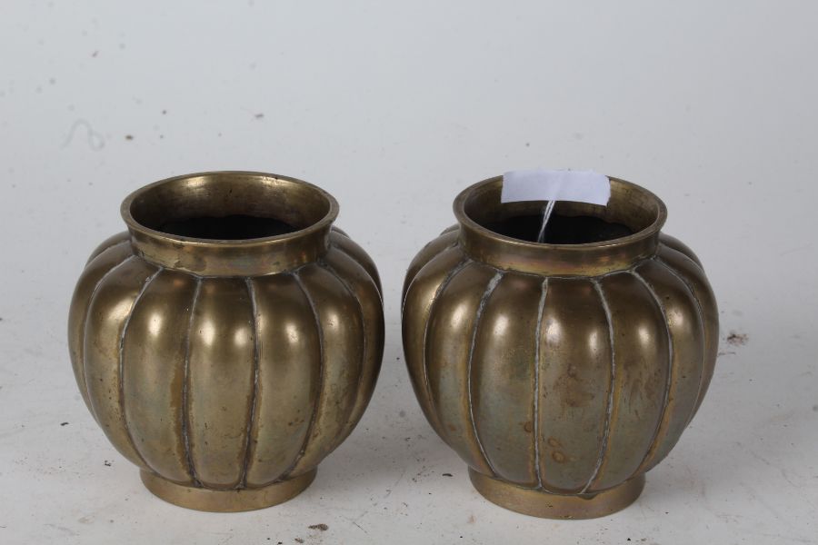 Pair of Chinese bronze pots, of baluster form with fluted body, marks to base, 20th century, each