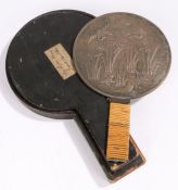 Japanese Edo period bronze hand held mirror, with storks and turtle around a pond, 14cm diameter,