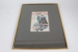 Japanese woodcut coloured print, depicting a figure underneath blossom, with character marks, housed