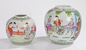 Two Chinese porcelain ginger jars, the larger decorated with a scene of servants, 16cm high, and the