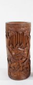 Chinese bamboo brush pot, with carved depictions of figures amongst trees and bamboo, 29.5cm high