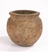 Chinese Warring States period (475-221 BC) grey pottery jar, the circular body with three sunken