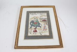 20th century Persian school, painting of two figures on an elephant with two attendants, housed with