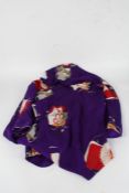 Chinese silk kimono coat, having flowers on a purple ground, the interior with cranes