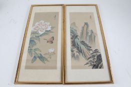 Pair of 20th century Chinese watercolours, the first of a mountainous scene, the second of a