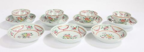 Four 19th Century Chinese export porcelain tea bowls, with seven matching saucers, all painted