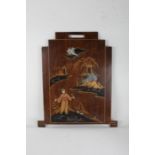Chinese walnut veneered and chinoiserie firescreen, depicting a figure and pagodas to the