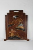 Chinese walnut veneered and chinoiserie firescreen, depicting a figure and pagodas to the