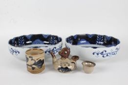 Pair of 20th century Chinese blue and white bowls, marked to base, 25.5cm diameter, together with