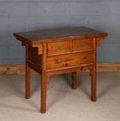 Chinese elm table, 20th century, the rectangular top above short and one long drawer, raised on