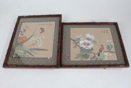 20th century Chinese School, pair of paintings on fabric, depicting a bird and butterfly amongst