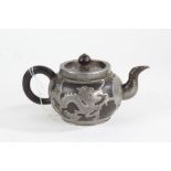 Chinese white metal mounted pottery teapot, of squat baluster form, overlaid with a dragon each side