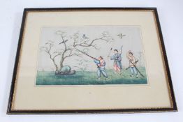 Chinese School, study of a hunting scene on silk, housed within an ebonised and gilt glazed frame,