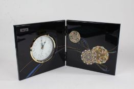 Kansai Urushi black lacquered folding quartz clock, with original box