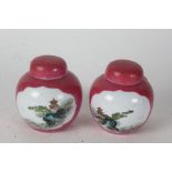 Pair of Chinese ginger jars, decorated with Pagoda's on a pink ground, each 11cm high