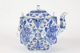 20th Century Chinese multifaceted blue and white porcelain teapot, with dragon decoration, 22cm