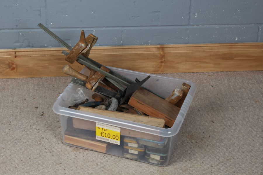 Box of various tools to include three wooden and metal clamps, tins of nails and screws, drill bits,