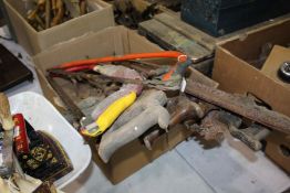 Collection of saws, to include wood handled hand saws, bow saws, back saws, hack saws, an Eclipse