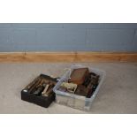 Two boxes of various hand tools, to include handrill, Terry's Magneto spanner set, a brace,