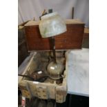 Wooden ammo box, reading 'Not to be issued to H.M. Ships', together with a paraffin lamp, an oil can