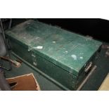 Green painted tool chest and a collection of hand saws, together with a Record No. 05 plane,