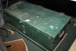 Green painted tool chest and a collection of hand saws, together with a Record No. 05 plane,