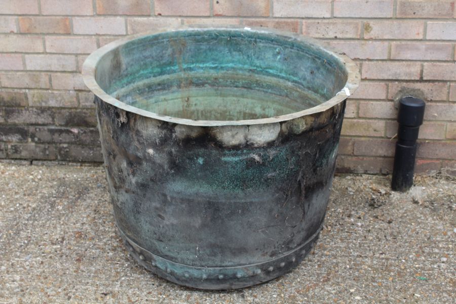 Very large copper log bin, with studded sides, 86cm diameter