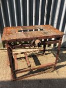 Red painted metal saw table. 93cm wide